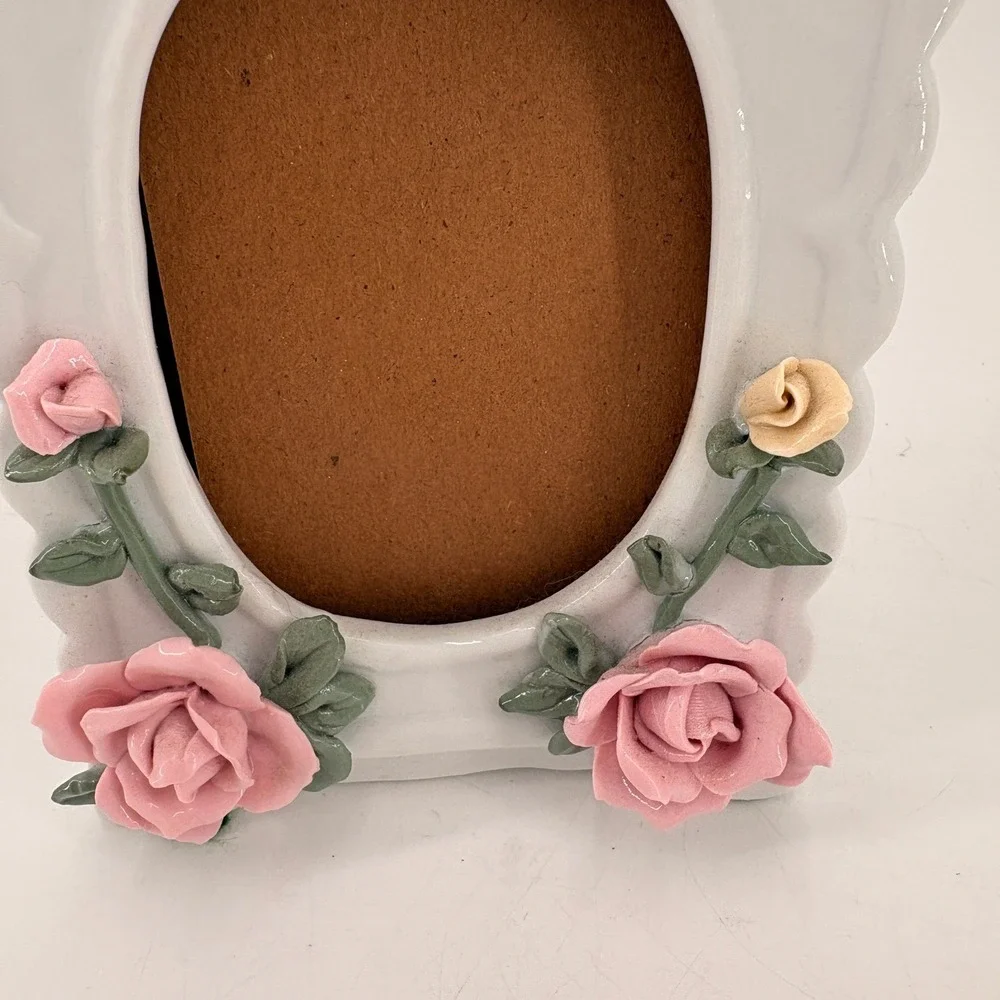Vintage White Ceramic 3x5 or 4x6 Photo Frame with Pink Roses - Cottagecore